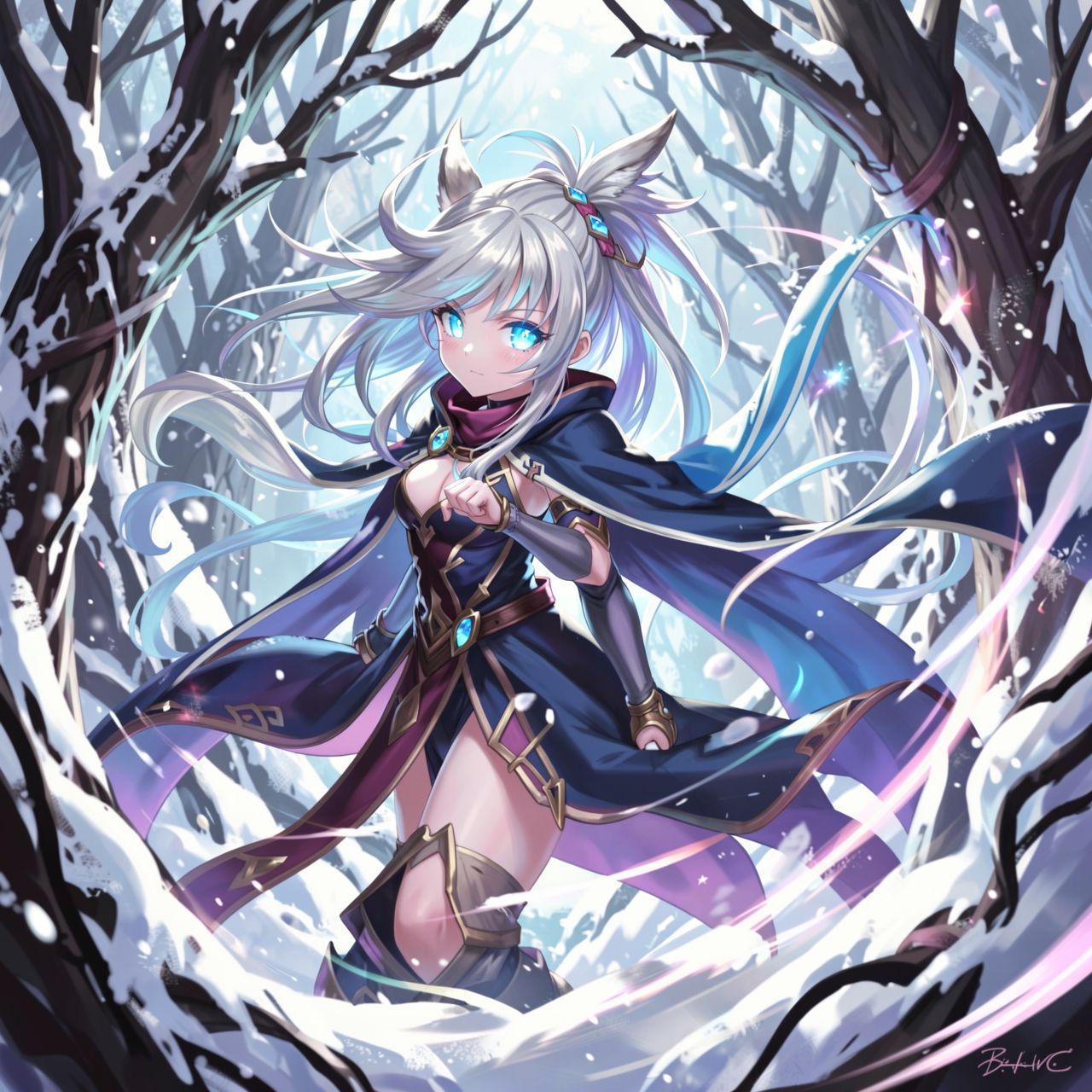 mystical young woman with silver hair and glowing blue eyes stands amidst an ancient, snow-laden forest