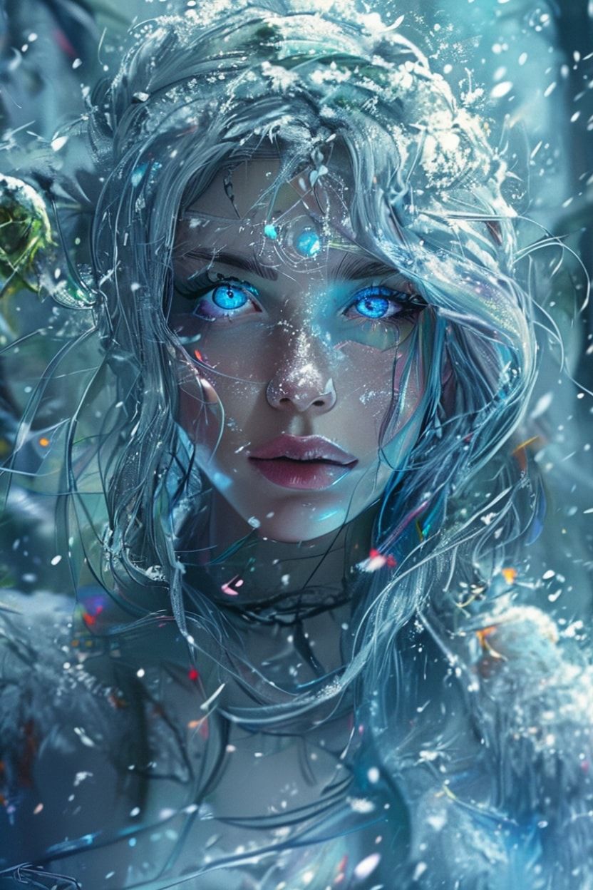mystical young woman with silver hair and glowing blue eyes stands amidst an ancient, snow-laden forest