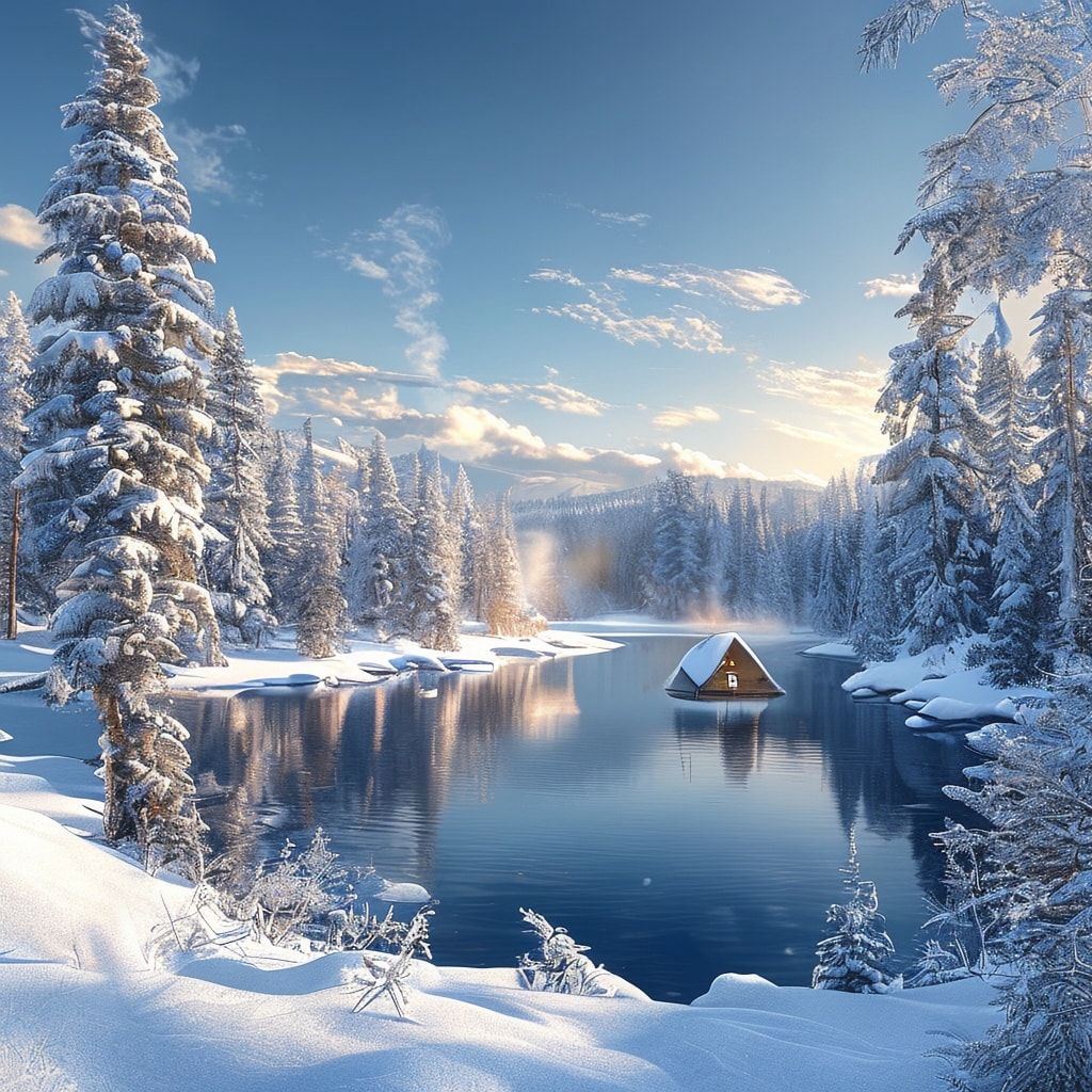 A breathtaking winter landscape with a frozen lake surrounded by snow-covered pine trees. In the distance, a cozy wooden cabin with smoke rising from its chimney nestled among the trees. The sky is a clear, deep blue with a soft golden light from the low sun casting a warm glow over the scene, creating a magical and serene atmosphere. The snow on the ground and trees is detailed with crisp, photorealistic texture, emphasizing the cold, fresh air. The composition is balanced, with the lake leading the eye towards the cabin, evoking a sense of peaceful solitude and winter wonder. Photorealistic style, high detail, vibrant colors, natural lighting.
