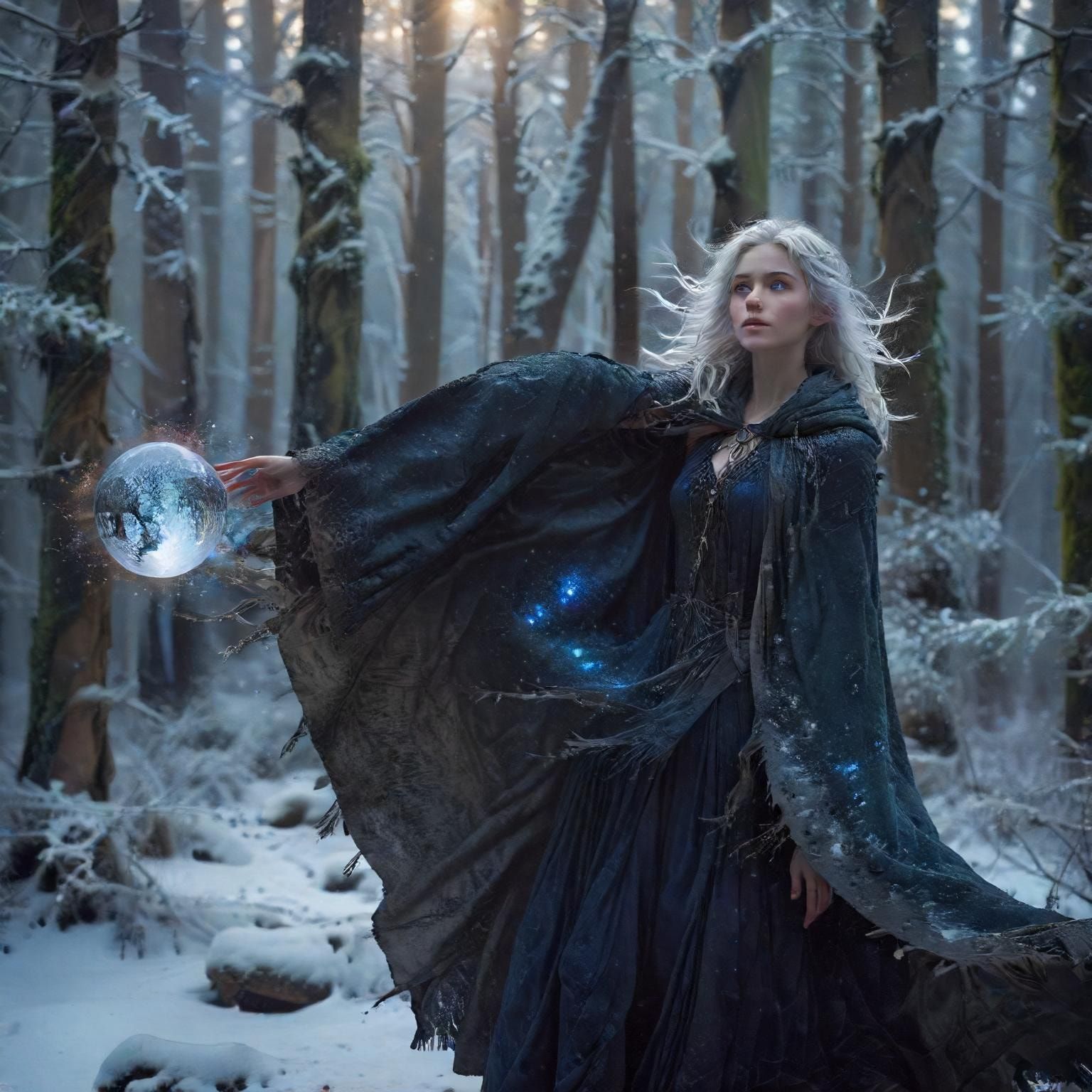 A mystical young woman with silver hair and glowing blue eyes stands amidst an ancient, snow-laden forest, her tattered cloak billowing in the icy wind as she gazes at a floating orb of ethereal li...
