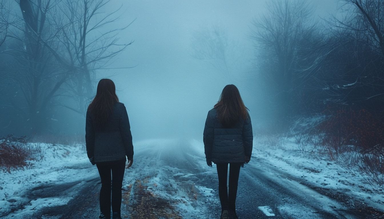 A girl with her back turned stands in a jacket on a winter road, an atmosphere of melancholy, loneliness and blue fog everywhere, as in dark ambient