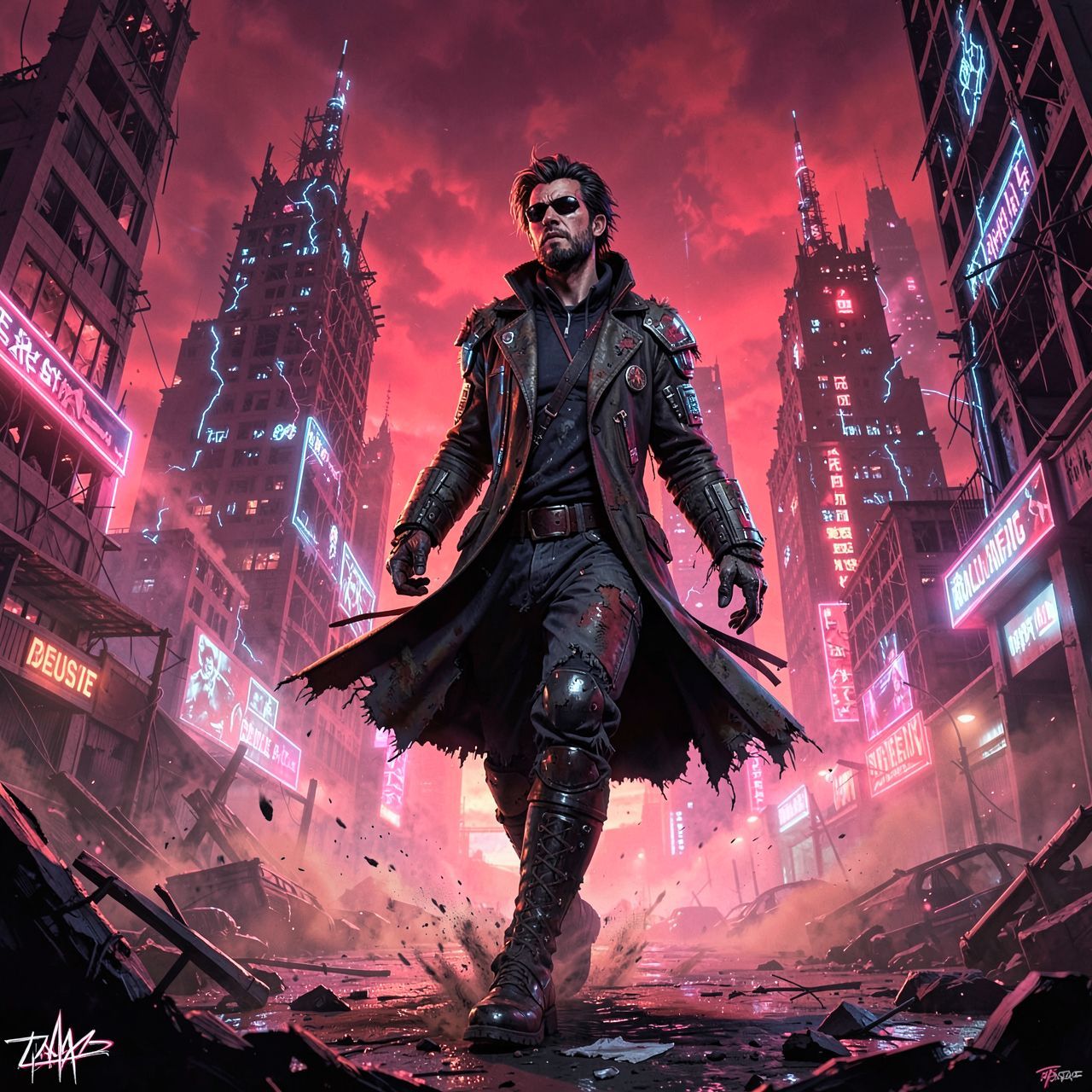 A lone cyberpunk wanderer in a tattered, high-tech coat strides through a neon-drenched apocalypse, their boots kicking up dust as skeletal skyscrapers hum with eerie electric life beneath a crimso...