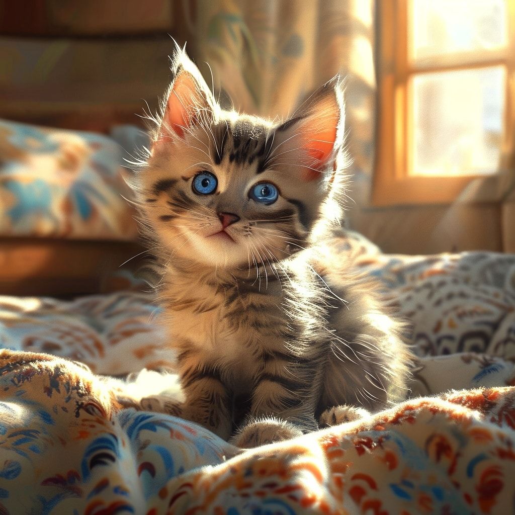 A cute, fluffy kitten with bright blue eyes, sitting on a soft, patterned blanket in a cozy living room with warm, natural sunlight streaming through a window. The kitten is looking directly at the viewer with a curious and playful expression. Photorealistic style, high detail, vibrant colors, 4K resolution, 1024x1024 pixels.