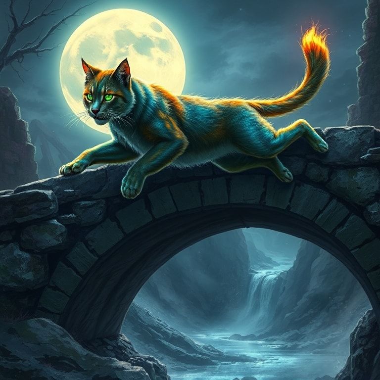 A majestic feline with iridescent fur and glowing emerald eyes leaps gracefully across a moonlit, ancient stone bridge, its tail flickering like a comet trail. Mist swirls around the crumbling ruin...