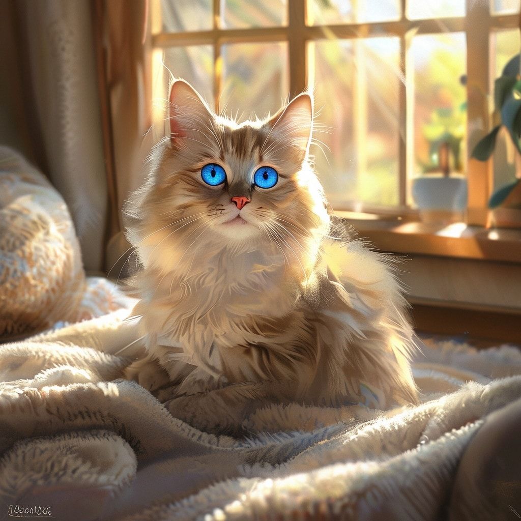 A cute, fluffy cat with bright blue eyes, sitting on a soft blanket in a cozy living room, warm sunlight streaming through a window, realistic style, high detail, 1024x1024 pixels