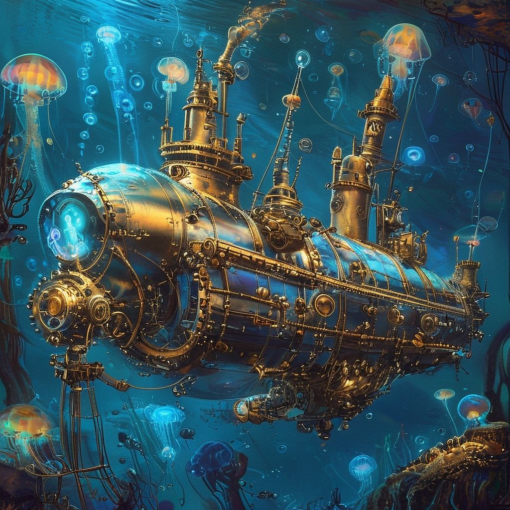 A majestic steampunk submarine glides through the deep ocean, its brass and copper hull gleaming under the soft glow of bioluminescent jellyfish. The intricate gears and pipes of the vessel are ill...