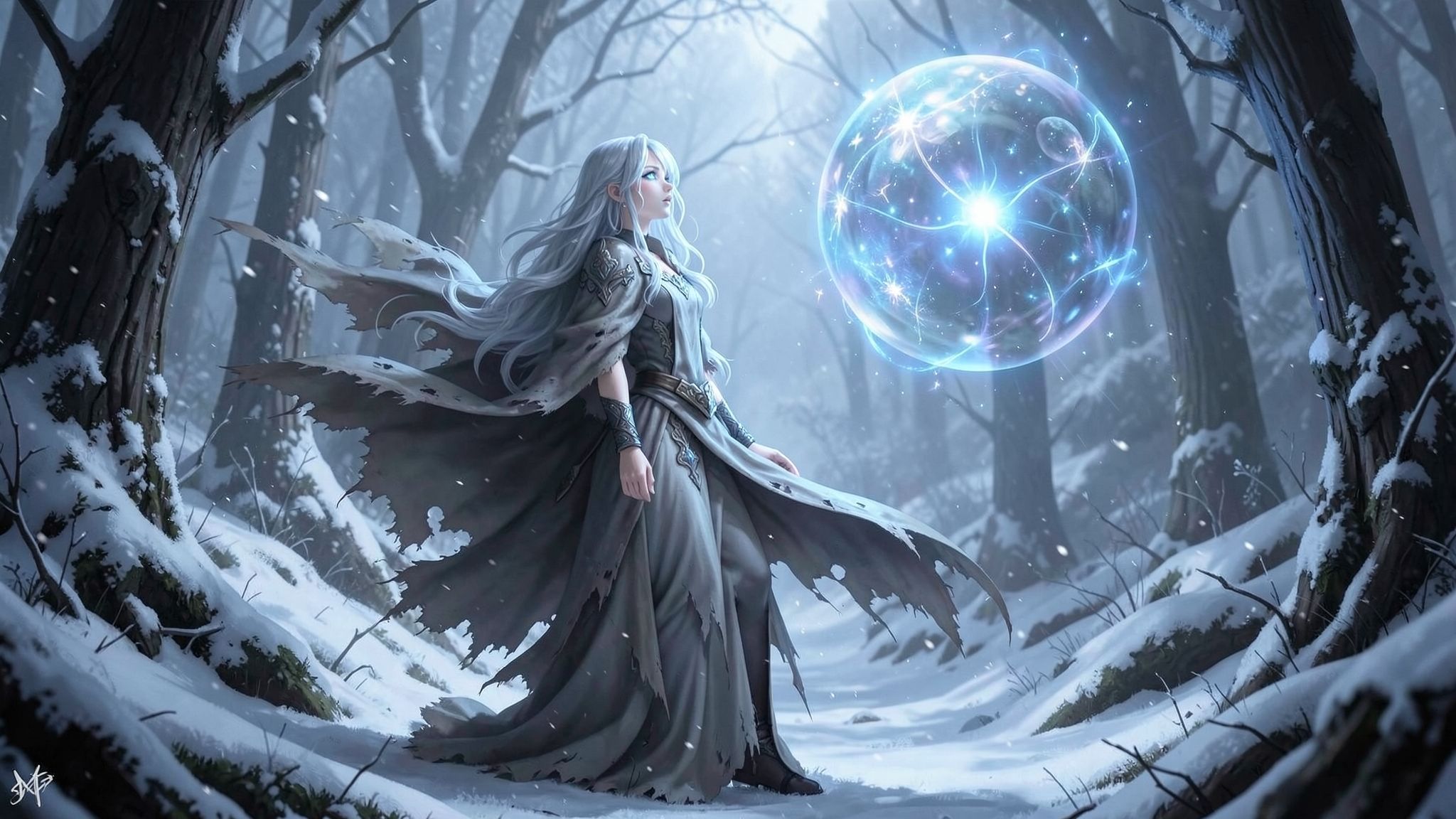 A mystical young woman with silver hair and glowing blue eyes stands amidst an ancient, snow-laden forest, her tattered cloak billowing in the icy wind as she gazes at a floating orb of ethereal li...