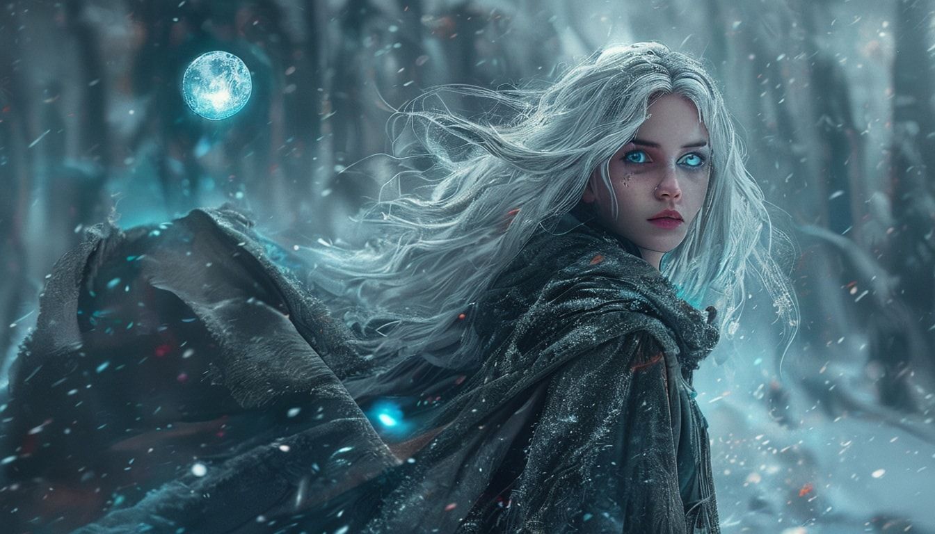 A mystical young woman with silver hair and glowing blue eyes stands amidst an ancient, snow-laden forest, her tattered cloak billowing in the icy wind as she gazes at a floating orb of ethereal li...