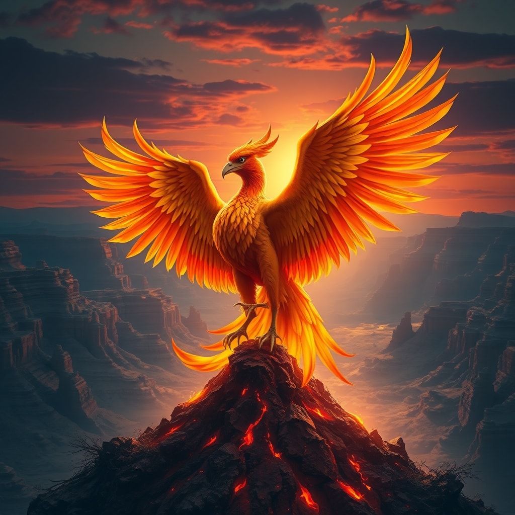 A majestic phoenix, its feathers ablaze with golden and crimson hues, rises from a smoldering ash mound in a vast, desolate canyon at dusk, backlit by a fiery sunset casting long shadows, with dram...