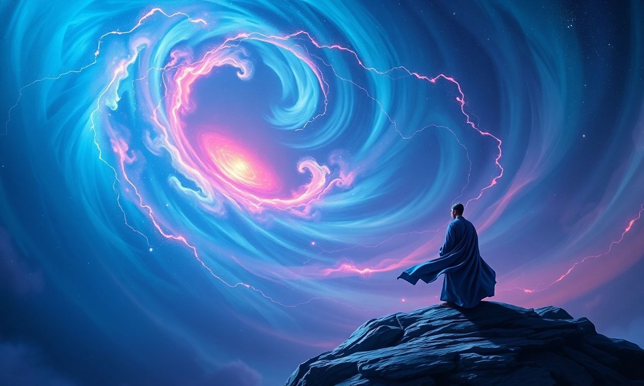A lone figure in flowing indigo robes stands at the precipice of an infinite, spiraling void, their silhouette bathed in the soft, otherworldly radiance of a celestial aurora, while cosmic tendrils...