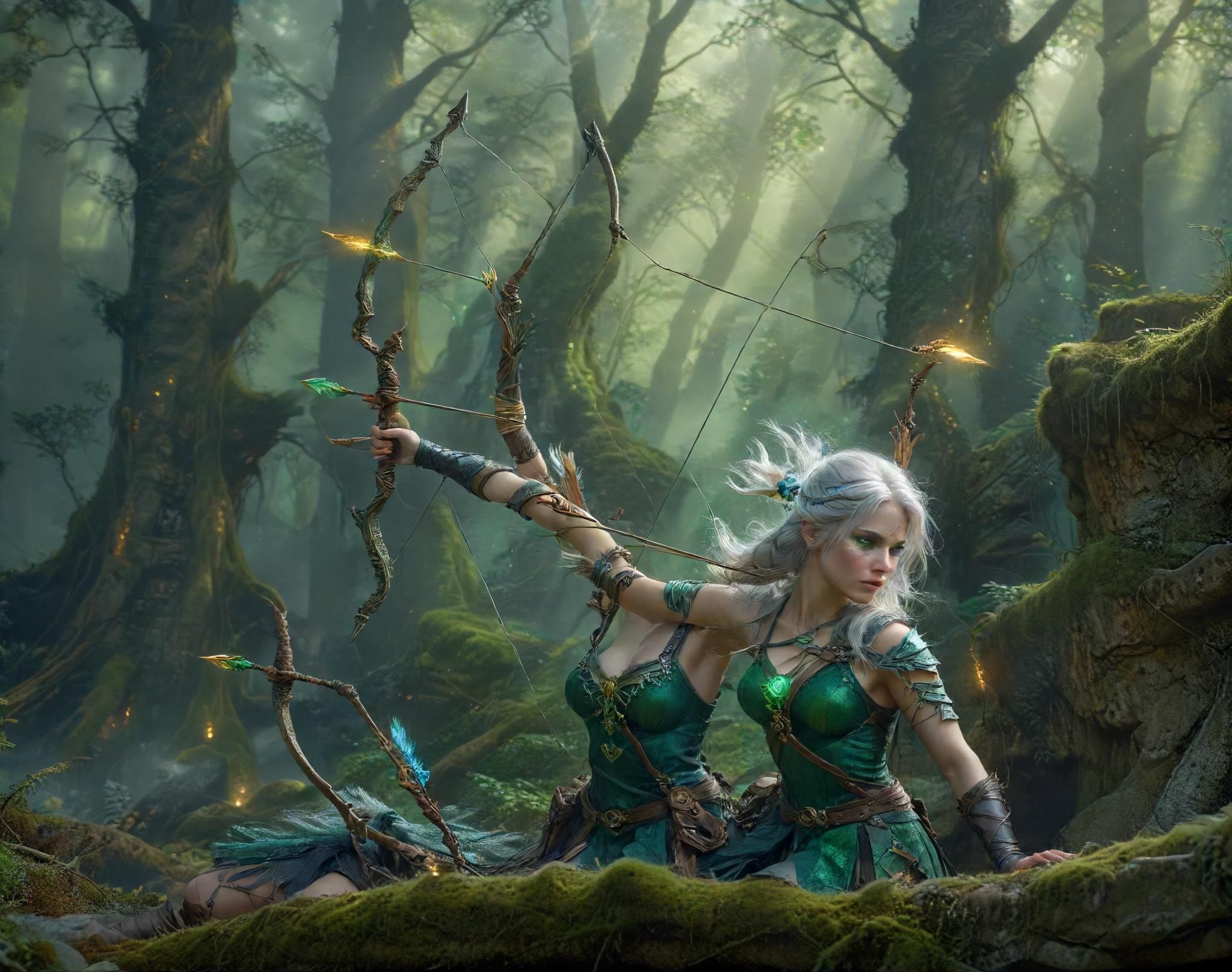 A lithe, silver-haired archer with emerald eyes draws her enchanted bow, arrow glowing with arcane energy, perched on a moss-covered ruin in an ancient forest. Mist swirls around her ankles as gold...