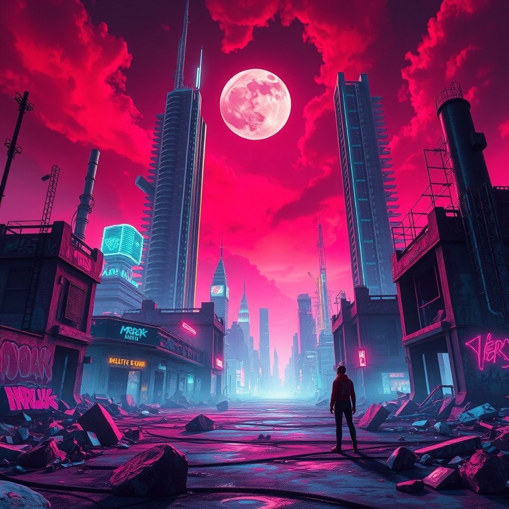 A vibrant, neon-lit wasteland under a blood-red sky, where skeletal skyscrapers glow with electric hues, graffiti-covered ruins pulse with psychedelic energy, and a lone figure in a retro-futuristi...