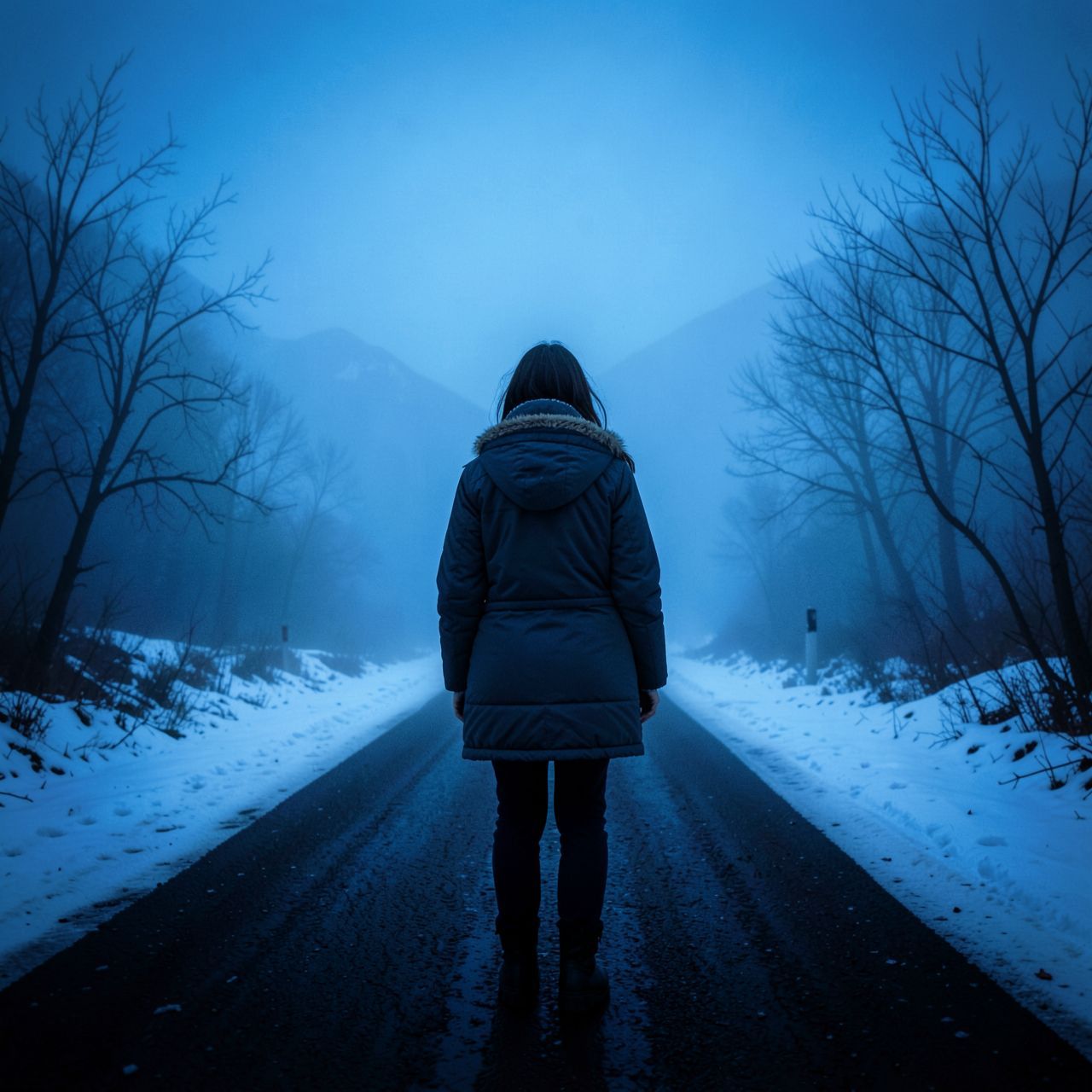 A girl with her back turned, wearing a thick winter jacket, stands alone on a snow-covered road. The scene is enveloped in thick blue fog, creating an atmosphere of deep melancholy and loneliness. The lighting is dim, with a dark ambient feel, emphasizing the cold and isolated mood. The background shows a desolate winter landscape with bare trees and distant mountains partially obscured by mist. The overall color palette is dominated by cool blues and whites, with subtle hints of dark brown from the road and the girl's jacket.