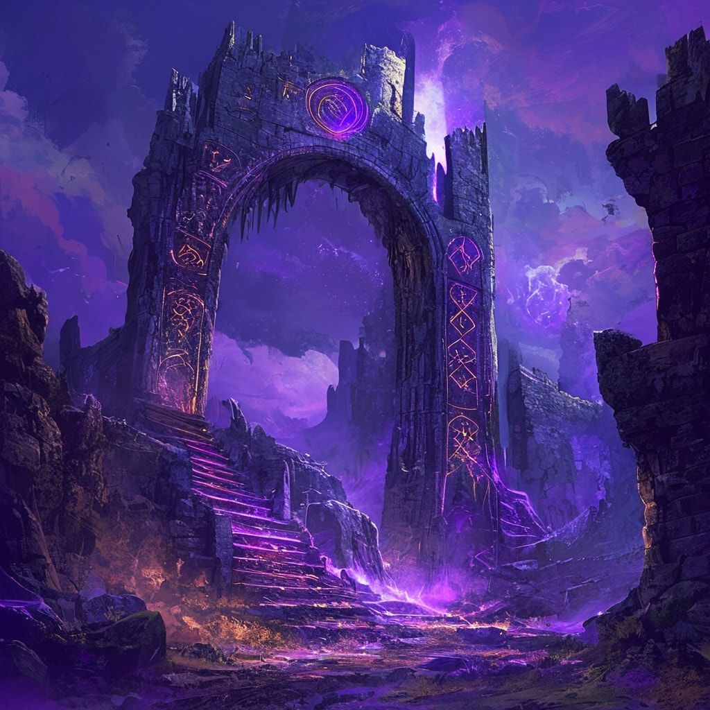 A towering, crumbling stone archway in a moonlit abandoned castle, glowing with swirling violet and gold runes