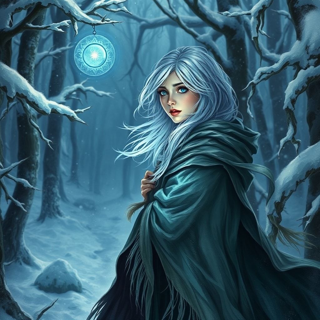 A mystical young woman with silver hair and glowing blue eyes stands amidst an ancient, snow-laden forest, her tattered cloak billowing in the icy wind as she gazes at a floating orb of ethereal li...
