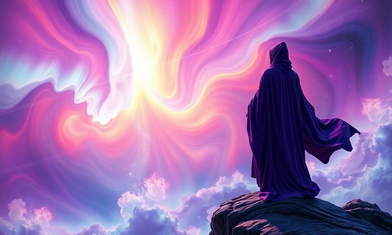 A solitary wanderer in a deep violet robe stands poised on the edge of a vast, swirling cosmic abyss, their form illuminated by the ethereal glow of a shimmering aurora, as vibrant, undulating ribb...