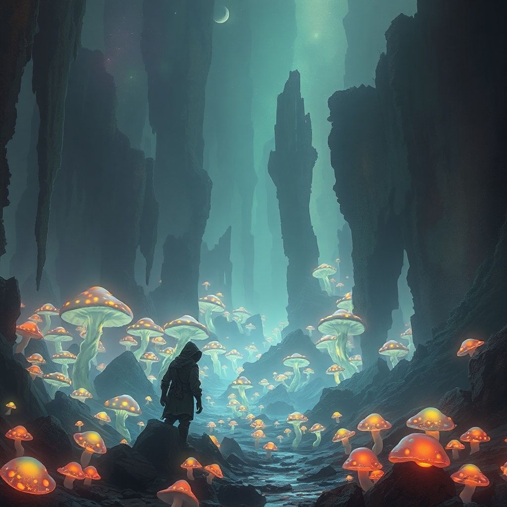 bioluminescent fungi pulse in the ruins below. A lone, hooded figure stands..