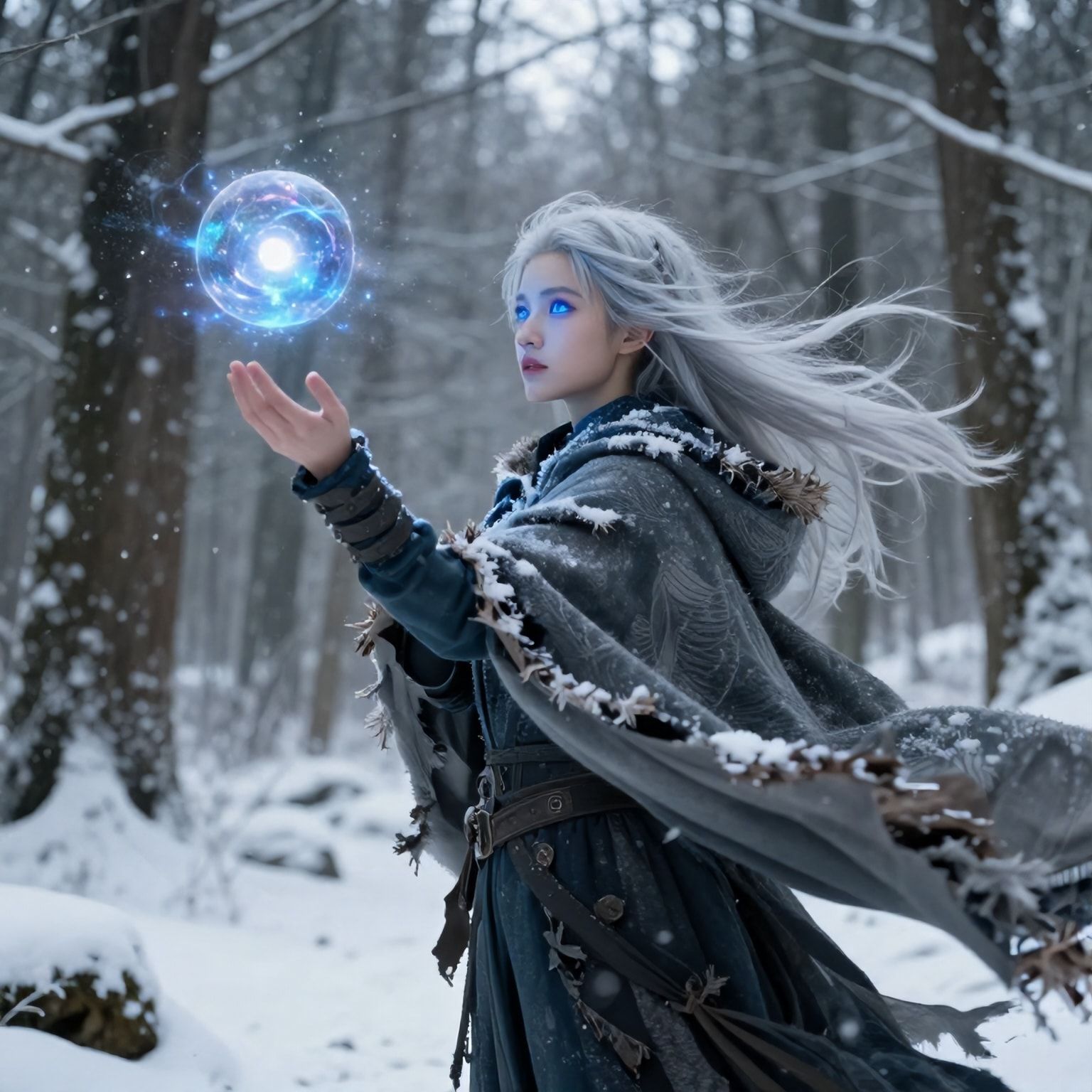 A mystical young woman with silver hair and glowing blue eyes stands amidst an ancient, snow-laden forest, her tattered cloak billowing in the icy wind as she gazes at a floating orb of ethereal li...