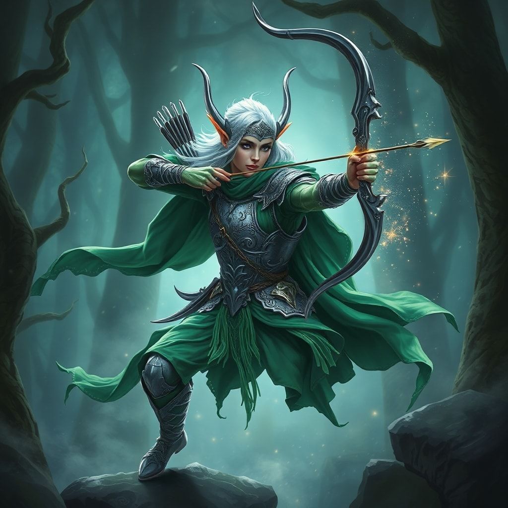 A majestic elven archer, adorned in intricate silver armor and flowing emerald cloaks, draws back a luminous bowstring, releasing an arrow that trails stardust through the ancient, mist-laden fores...