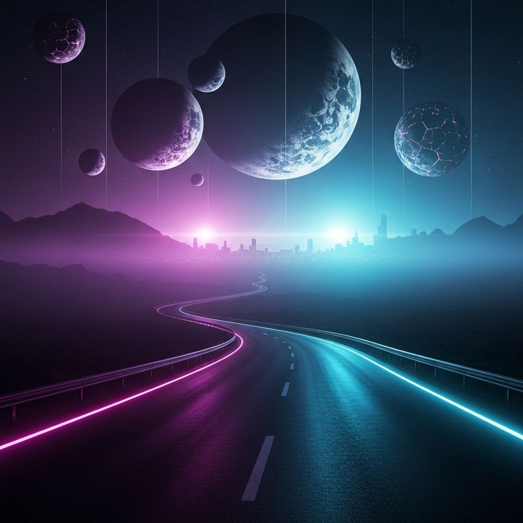 A dark, cinematic synthwave scene where a lonely night road fades into an otherworldly cosmic landscape. The city feels distant and abstract, barely visible through deep violet and blue mist. Above the horizon, massive planets and fractured moons glow softly, suspended in the dark sky like ancient celestial beings.