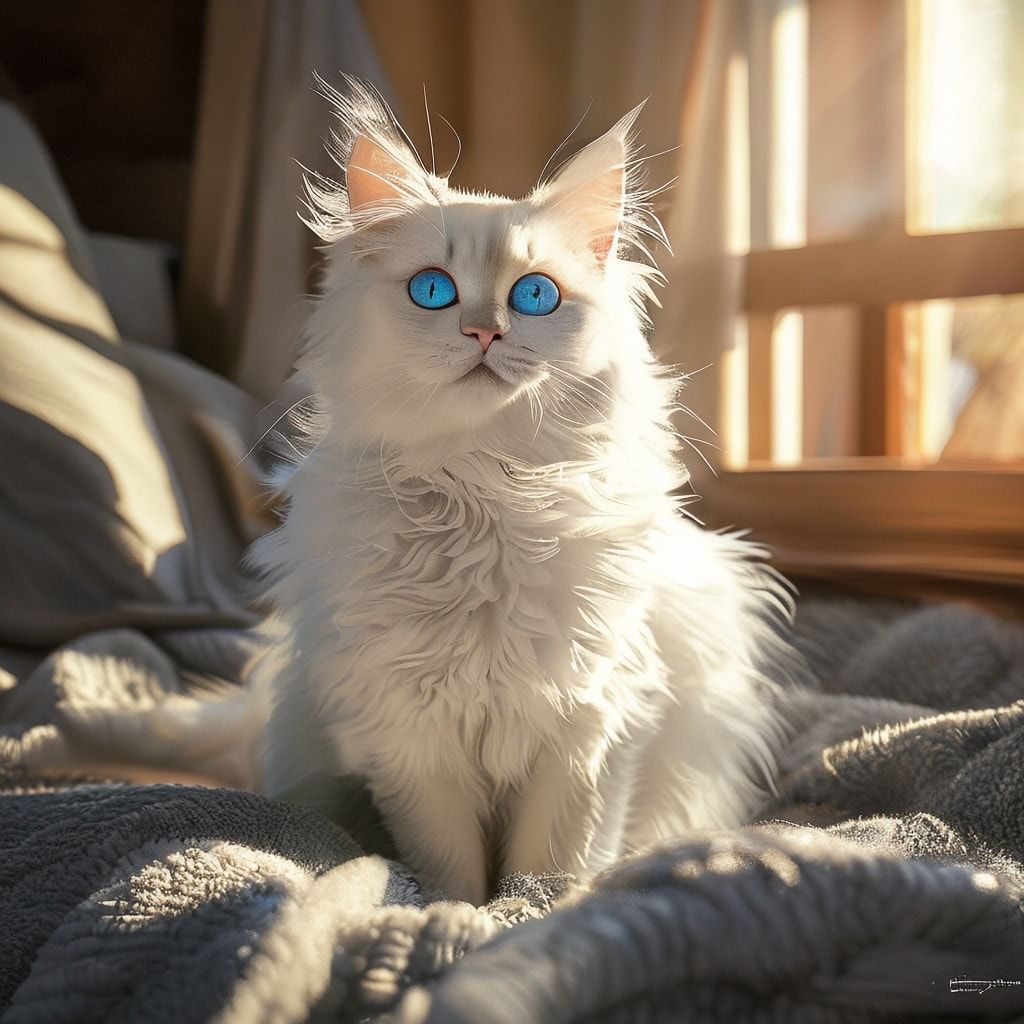A cute, fluffy white cat with bright blue eyes, sitting on a soft gray blanket in a cozy, sunlit living room. The cat looks content and curious, with warm sunlight streaming through a window. Photorealistic style, high detail, warm and inviting atmosphere.