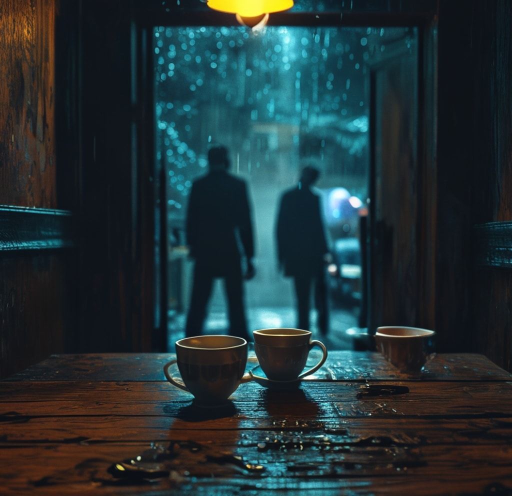 Cinematic music single cover art. A moody hallway at midnight with soft dim lighting. Foreground: close-up on a wooden table with house keys and two cups of unfinished cold tea. Background: a window covered in raindrops, looking out to a cold, dark night street. Two melancholic silhouettes of a man and a woman standing in the doorway. High emotional tension, atmosphere of a difficult choice. Warm amber indoor light contrasting with cold blue darkness outside. Hyper-realistic, highly detailed, 8k, melancholy aesthetic.