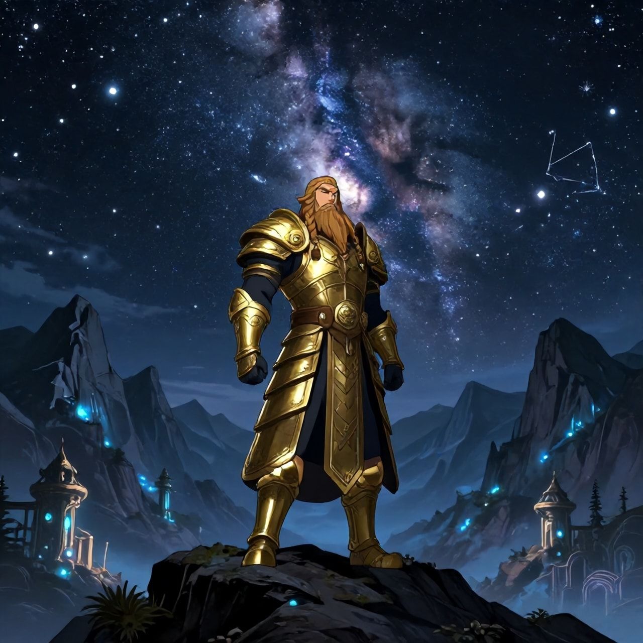 Dwarven starry night over mountains fantasy landscape, majestic dwarven warrior with long braided beard and ornate golden armor standing proudly on mountain peak under starry night sky, countless stars and constellations twinkling above, Milky Way arching across dark sky, mountain peaks silhouetted against star-filled heavens, ancient dwarven architecture on mountain slopes, ethereal blue and silver lighting from starlight, magical atmosphere, cinematic composition, cartoon style, anime art style, fantasy art style, proud and mystical mood, detailed and atmospheric, mystical glowing stars, elegant dwarven woman in ceremonial dress, strong expression, noble beauty, animated style, vibrant colors