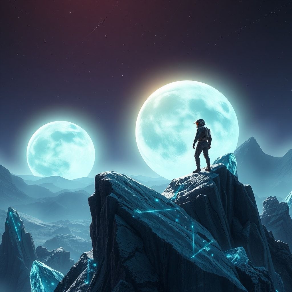 A lone space explorer in a high-tech exosuit stands atop a jagged crystalline ridge on an alien planet, bathed in the eerie glow of twin bioluminescent moons, their helmet visor reflecting the swir...