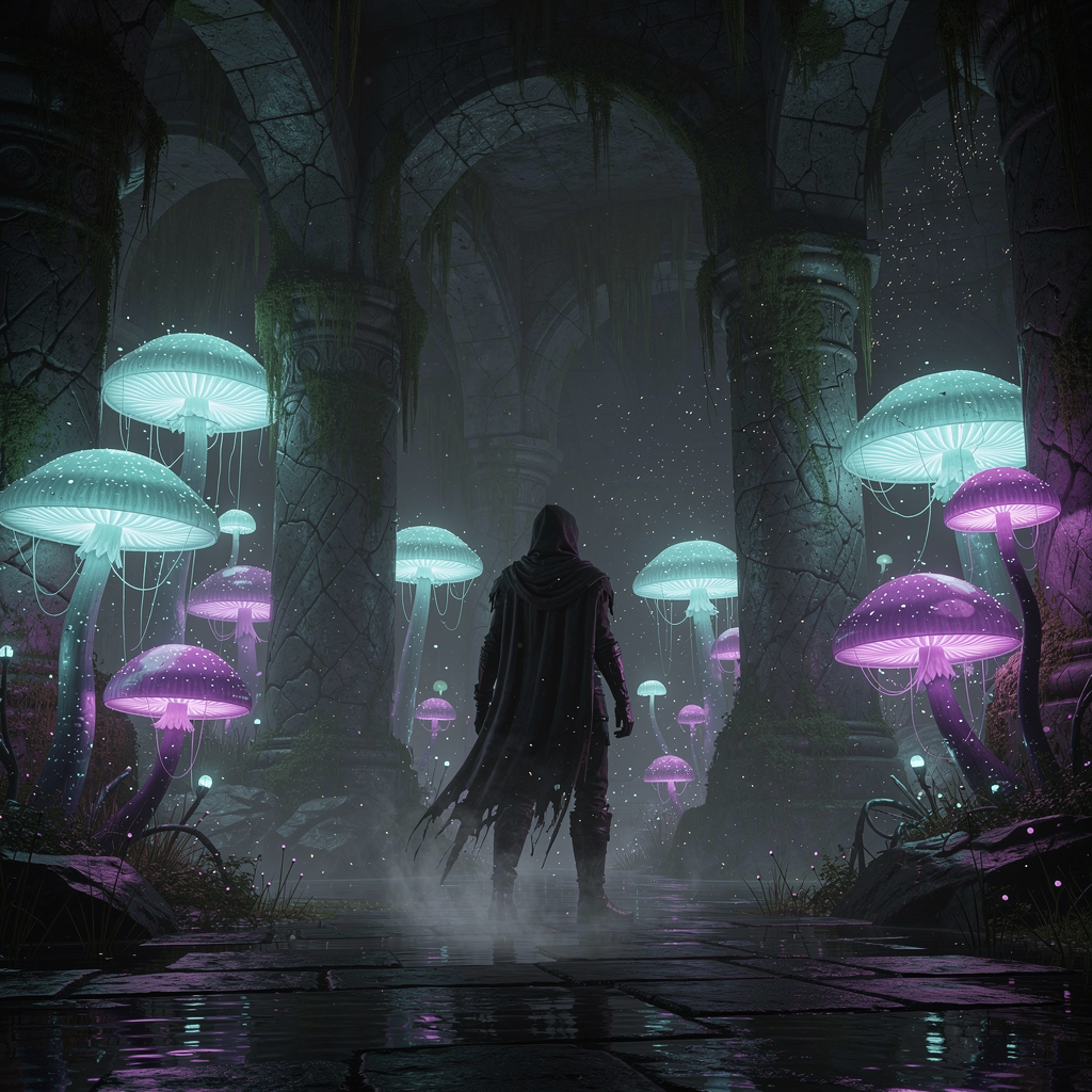 bioluminescent fungi pulse in the ruins below. A lone, hooded figure stands..
