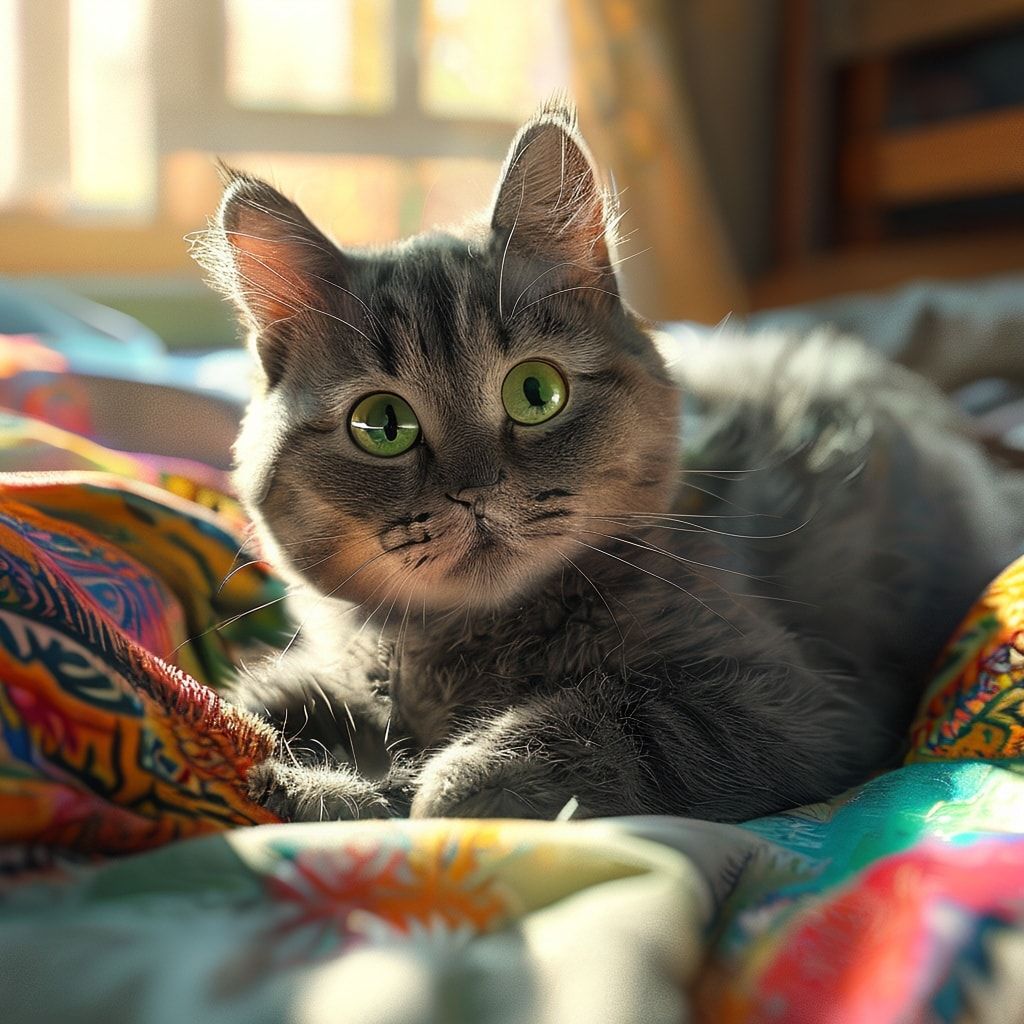 A cute, fluffy gray tabby cat with bright green eyes, lying on a soft bed with a colorful blanket, in a sunlit bedroom, looking at the camera with a curious and playful expression. Photorealistic style, high detail, vibrant colors, 4K resolution, 1024x1024 pixels.