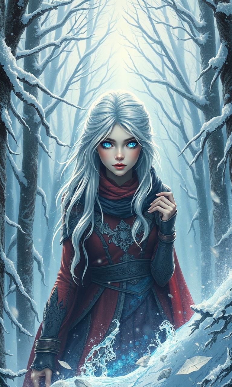 mystical young woman with silver hair and glowing blue eyes stands amidst an ancient, snow-laden forest
