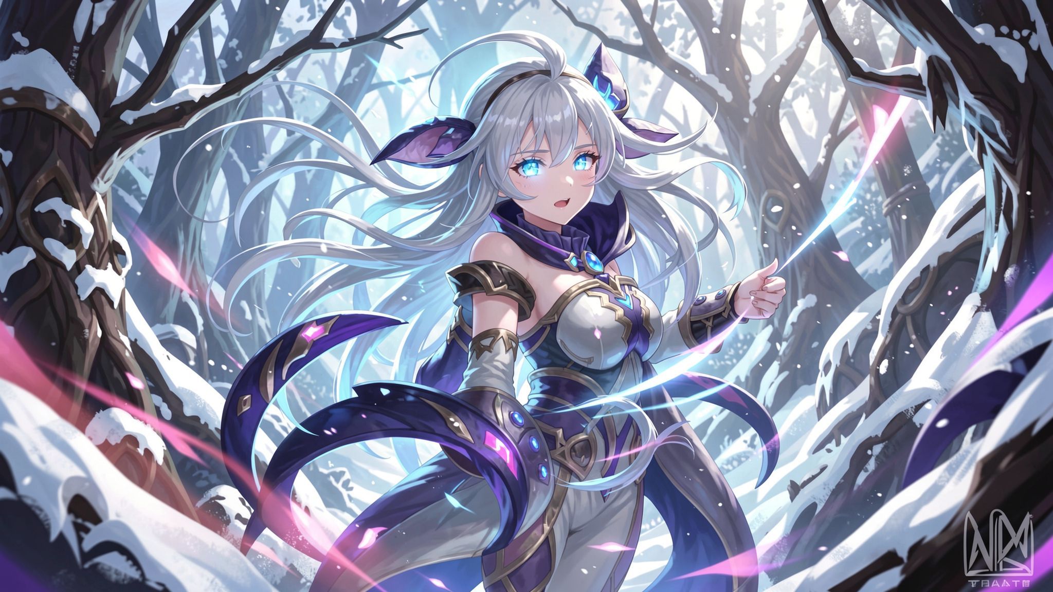 mystical young woman with silver hair and glowing blue eyes stands amidst an ancient, snow-laden forest