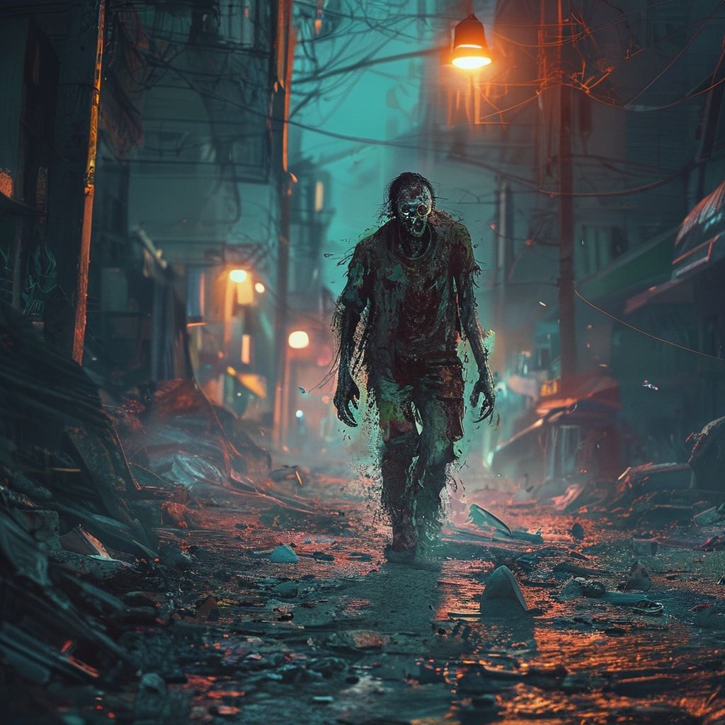 A desolate urban street bathed in the eerie glow of flickering streetlights, where a lone zombie stumbles through scattered debris, its tattered clothes swaying in the cold wind. The scene is rende...