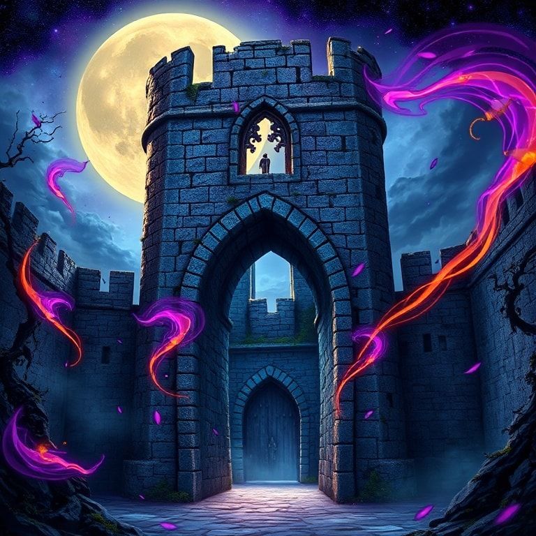 A towering, crumbling stone archway in a moonlit abandoned castle, glowing with swirling violet and gold runes