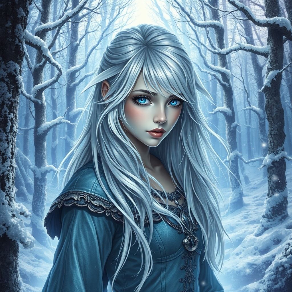 mystical young woman with silver hair and glowing blue eyes stands amidst an ancient, snow-laden forest
