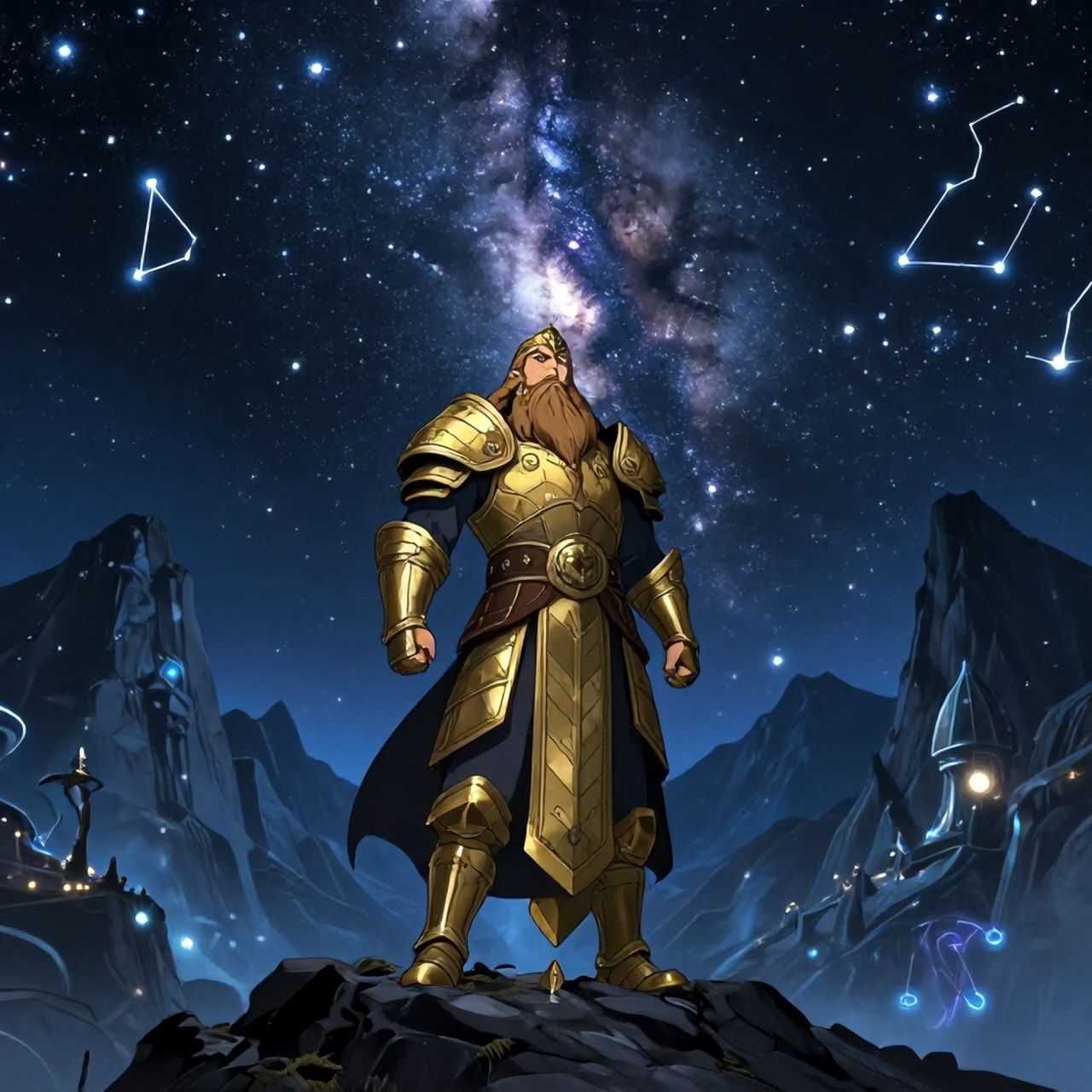 Dwarven starry night over mountains fantasy landscape, majestic dwarven warrior with long braided beard and ornate golden armor standing proudly on mountain peak under starry night sky, countless stars and constellations twinkling above, Milky Way arching across dark sky, mountain peaks silhouetted against star-filled heavens, ancient dwarven architecture on mountain slopes, ethereal blue and silver lighting from starlight, magical atmosphere, cinematic composition, cartoon style, anime art style, fantasy art style, proud and mystical mood, detailed and atmospheric, mystical glowing stars, elegant dwarven woman in ceremonial dress, strong expression, noble beauty, animated style, vibrant colors