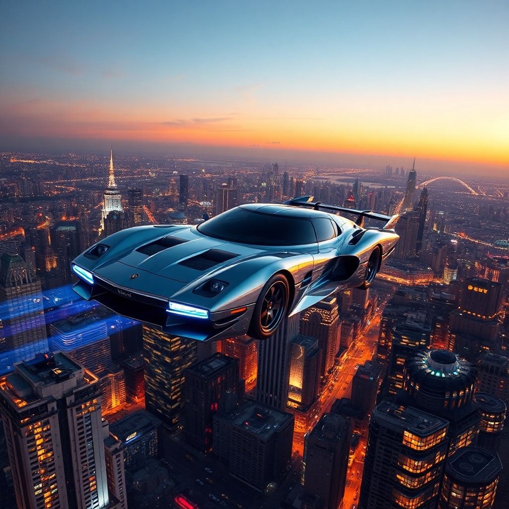 A sleek, silver flying car with glowing blue underlights hovers above a sprawling neon-lit metropolis at dusk, its wings casting dramatic shadows over towering skyscrapers. The city pulses with hol...