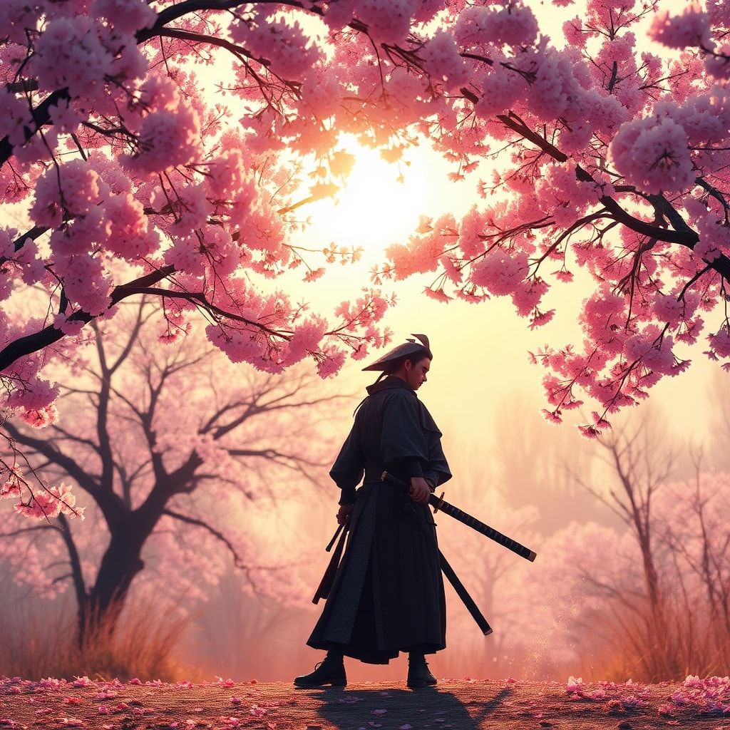 A lone samurai stands beneath a canopy of delicate pink cherry blossoms, his katana resting at his side, bathed in the soft golden light of early morning, surrounded by a gentle breeze that stirs t...