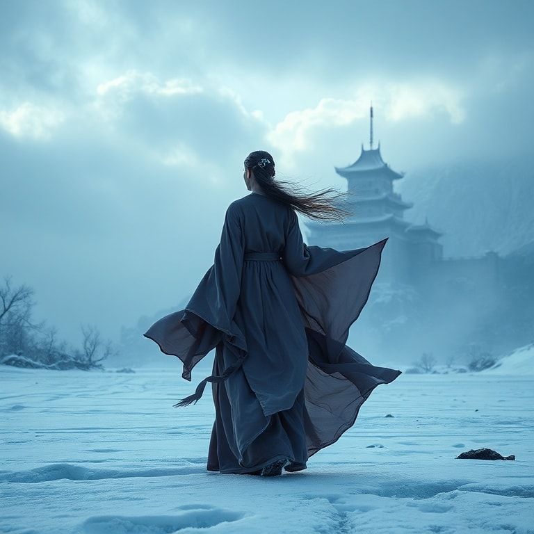 A cinematic fantasy scene inspired by ancient China: a graceful woman in an elegant, flowing Chinese fantasy robe stands alone in an icy valley. Frost and snow cover the ground, shimmering in cold blue light. In the distance, a majestic ancient Chinese castle rises through the mist, surrounded by towering snow-covered mountains. Winter wind moves her long hair and silk fabric, creating a sense of destiny and timeless power. The atmosphere is epic, mystical, and emotional, like a high-budget fantasy movie. Ultra-detailed, cinematic lighting, wide-angle shot, cold color palette, dramatic clouds, ethereal mood, 4K, film still, fantasy realism.