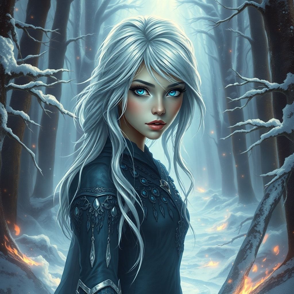 mystical young woman with silver hair and glowing blue eyes stands amidst an ancient, snow-laden forest
