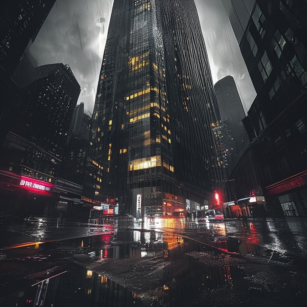 A towering skyscraper looms over a rain-slicked city at golden hour, its neon-lit windows casting jagged reflections on wet pavement, bathed in high-contrast noir lighting with deep shadows and a s...