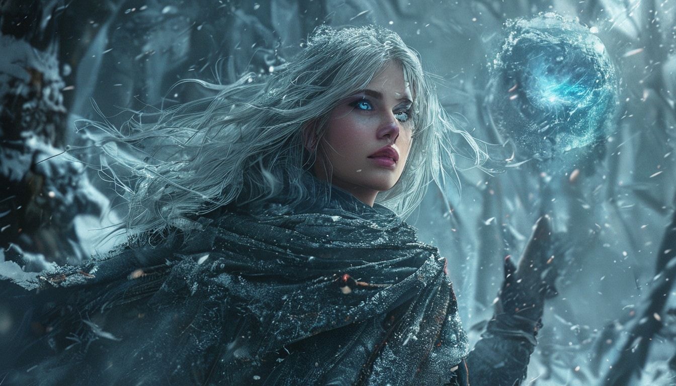 A mystical young woman with silver hair and glowing blue eyes stands amidst an ancient, snow-laden forest, her tattered cloak billowing in the icy wind as she gazes at a floating orb of ethereal li...