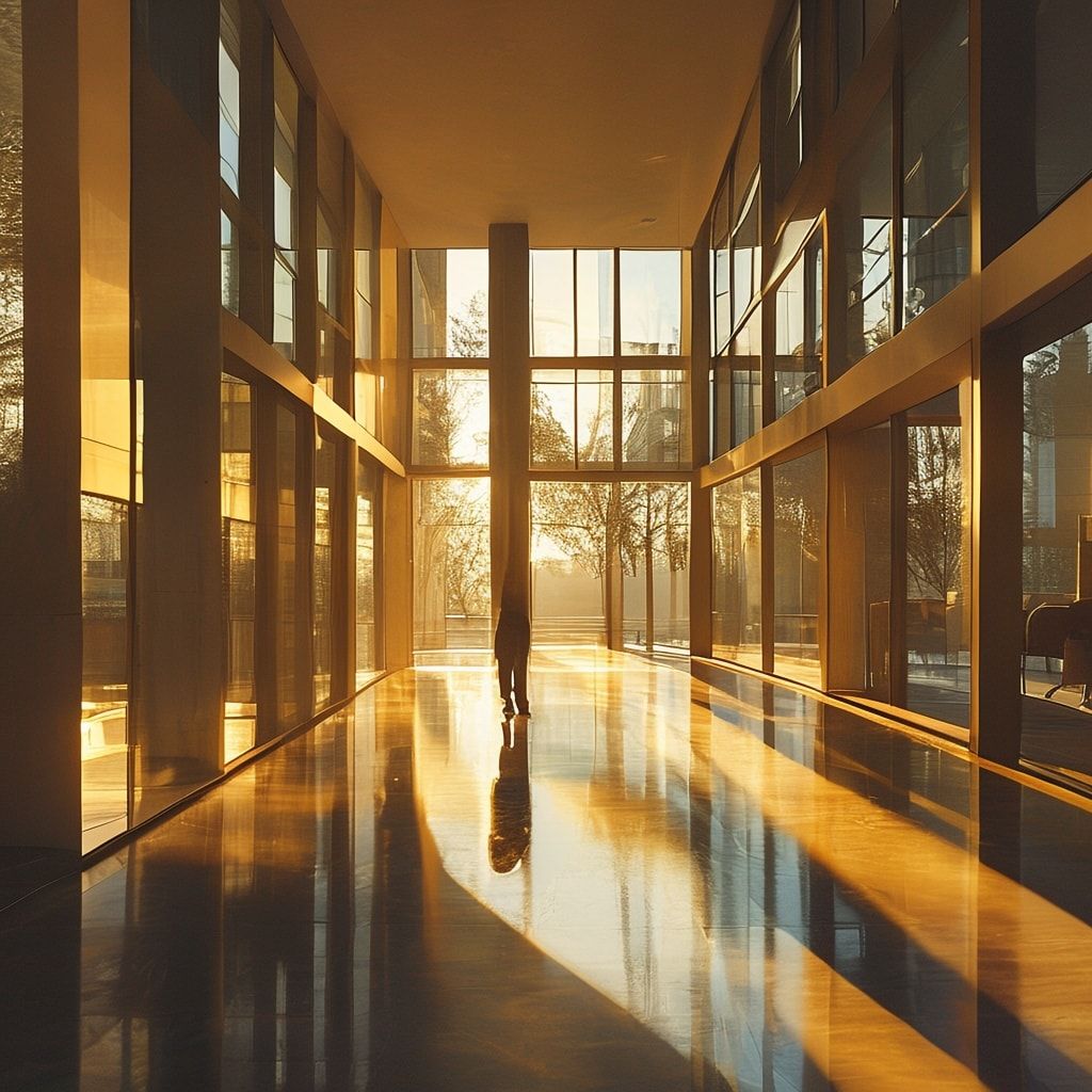 A sleek, minimalist modern apartment bathed in golden hour sunlight streaming through floor-to-ceiling windows, casting long shadows across polished concrete floors. A lone figure sits on a mid-cen...