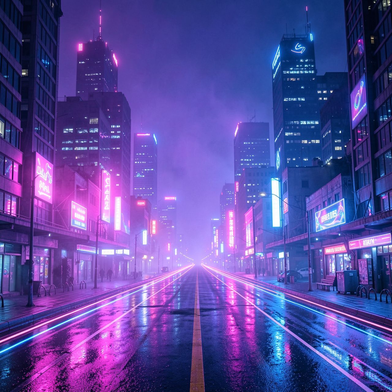 A cinematic synthwave cyberpunk city at night: endless neon-lit roads stretch through a futuristic metropolis. Skyscrapers glow with pink, purple, and electric blue lights, disappearing into thick violet-blue fog. Wet asphalt reflects pure neon light and abstract holographic glow, creating a dreamlike, retro-futuristic atmosphere. The city feels vast, lonely, and epic, like the fall of a digital world. Strong synthwave aesthetics, 80s cyberpunk mood, glowing lights, neon haze, wide-angle perspective, cinematic lighting, retro-futurism, ultra-detailed, high contrast, album cover, 4K, no text, no letters, no symbols, no logos, no signage.