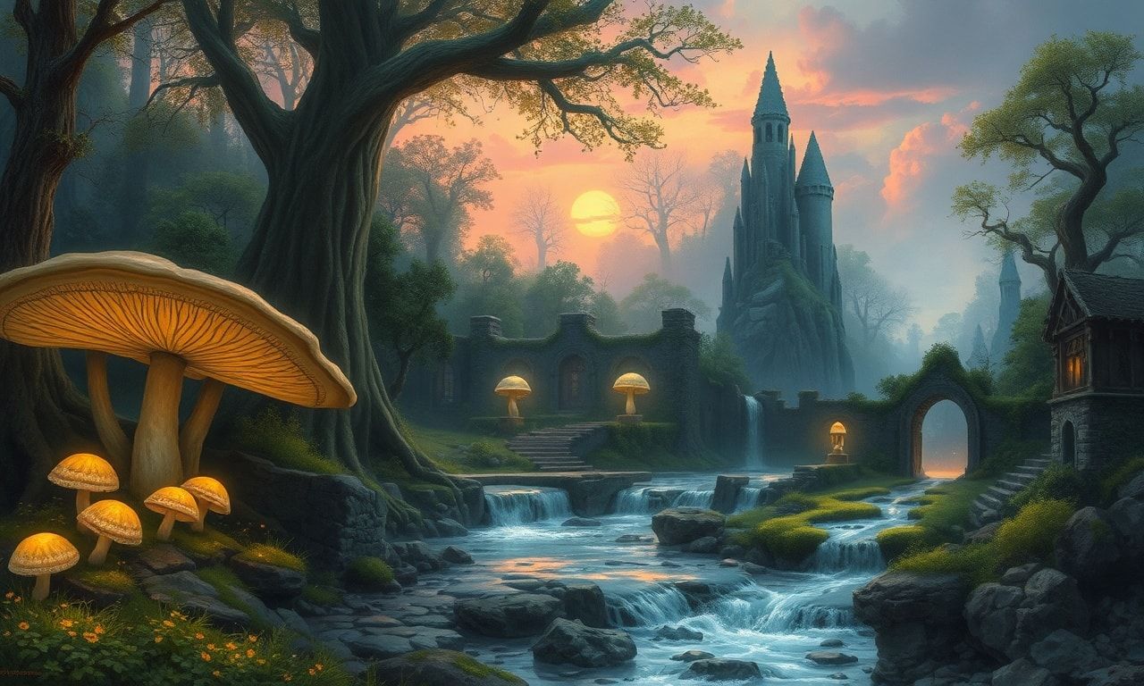 Ancient elven forest at twilight, giant glowing mushrooms, silver streams, moss-covered ruins, soft magical light, detailed fantasy art, painterly style