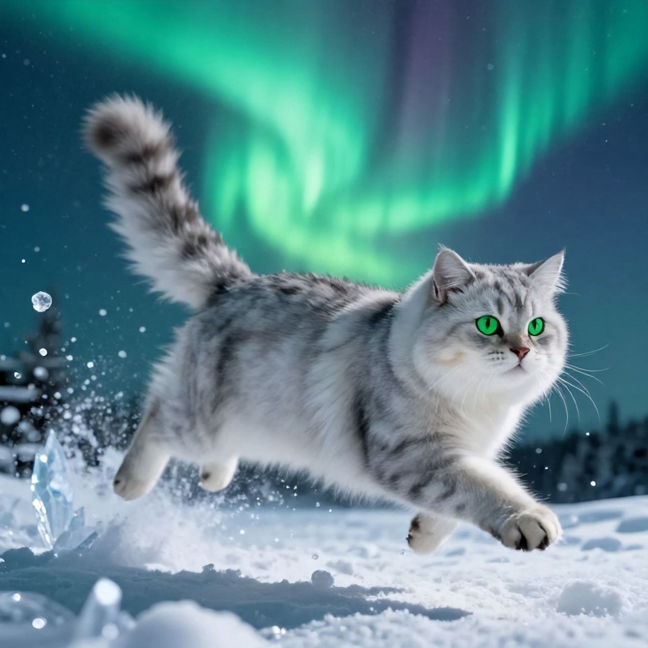 A majestic silver-furred feline with glowing emerald eyes leaps gracefully through a swirling aurora borealis, its tail trailing like a comet, surrounded by floating ice crystals and shimmering snow