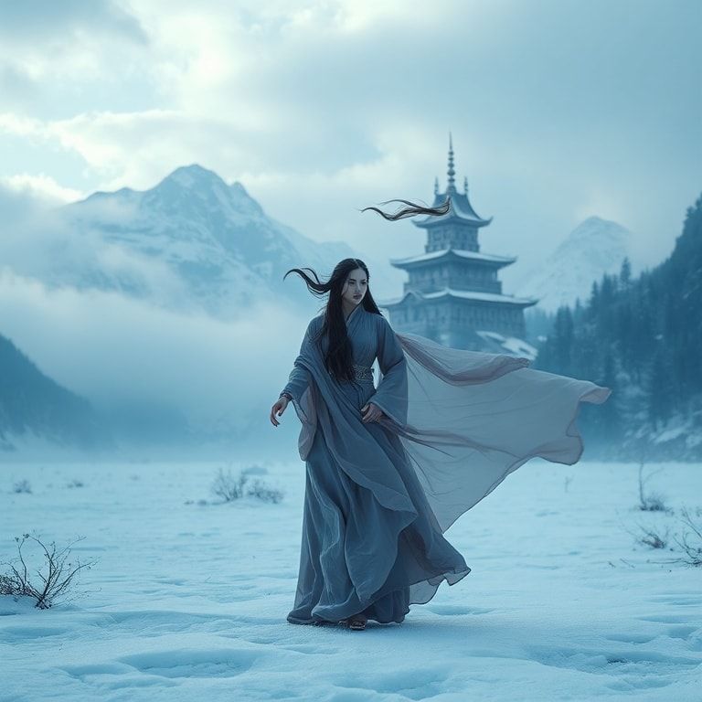 A cinematic fantasy scene inspired by ancient China: a graceful woman in an elegant, flowing Chinese fantasy robe stands alone in an icy valley. Frost and snow cover the ground, shimmering in cold blue light. In the distance, a majestic ancient Chinese castle rises through the mist, surrounded by towering snow-covered mountains. Winter wind moves her long hair and silk fabric, creating a sense of destiny and timeless power. The atmosphere is epic, mystical, and emotional, like a high-budget fantasy movie. Ultra-detailed, cinematic lighting, wide-angle shot, cold color palette, dramatic clouds, ethereal mood, 4K, film still, fantasy realism.