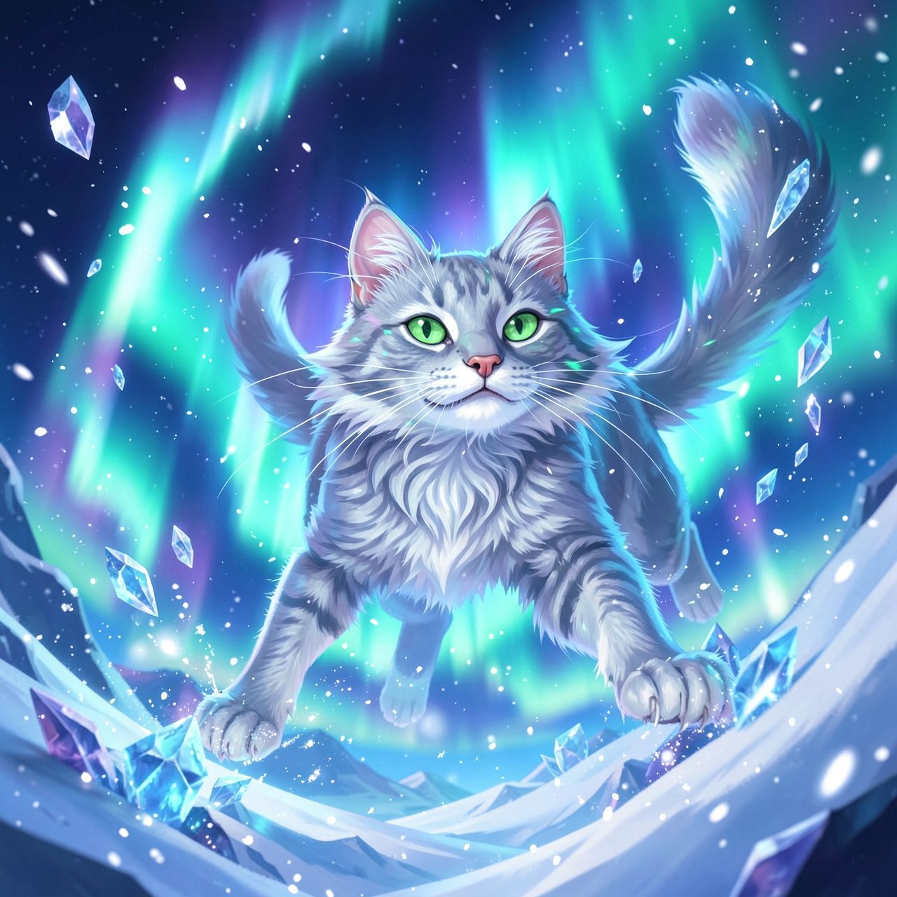 A majestic silver-furred feline with glowing emerald eyes leaps gracefully through a swirling aurora borealis, its tail trailing like a comet, surrounded by floating ice crystals and shimmering snow