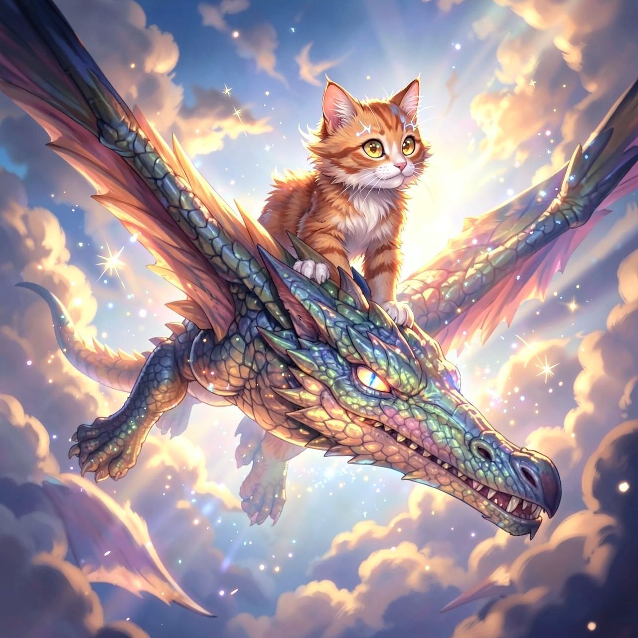 A high-fantasy illustration of a cat soaring through the sky, confidently perched on the back of a majestic, glowing dragon. The dragon has detailed, scaly skin and piercing, magical eyes. The cat has bright, expressive eyes and fluffy fur. They are flying against a dramatic, cloudy sky with sunlight streaming through, creating a sense of wonder and adventure. The scene is filled with magical sparkles and light effects, emphasizing the fantastical nature of their flight.