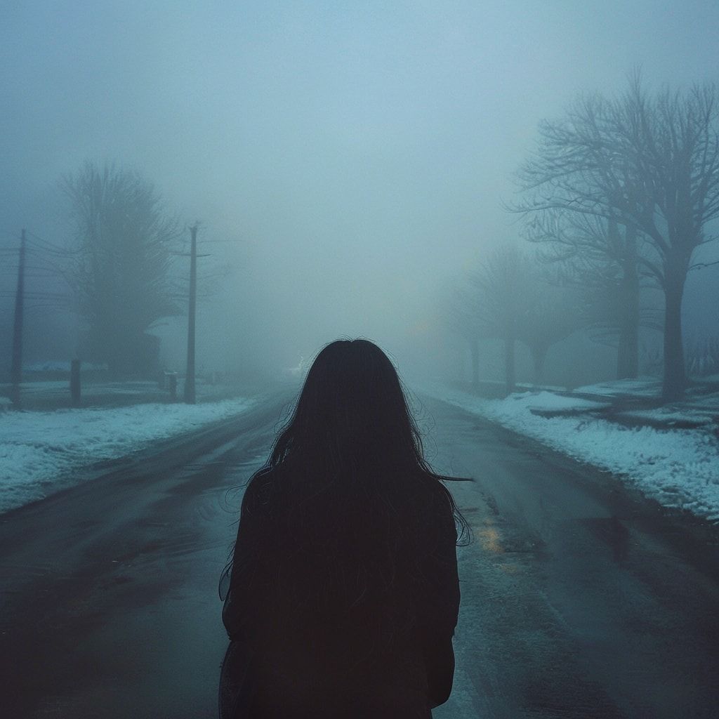 A girl with long black hair stands facing away, looking into the distance on a foggy road. The winter atmosphere feels cold and damp, like after a light rain. Thick February fog drifts across the empty road, reflecting soft, muted streetlight glow. The ground is slightly wet, adding subtle reflections. Pale blue and gray tones dominate the scene. The mood is quiet, melancholic, and cinematic, as if frozen in time. Cinematic composition, wide-angle shot, soft diffused lighting, shallow depth of field, realistic textures, gentle film grain, emotional winter atmosphere, like a scene from a slow, intimate film.